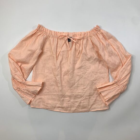 Saks Fifth Avenue Top Womens M Medium Dusty Peach Linen Off Shoulder Bell Sleeve - Picture 2 of 8